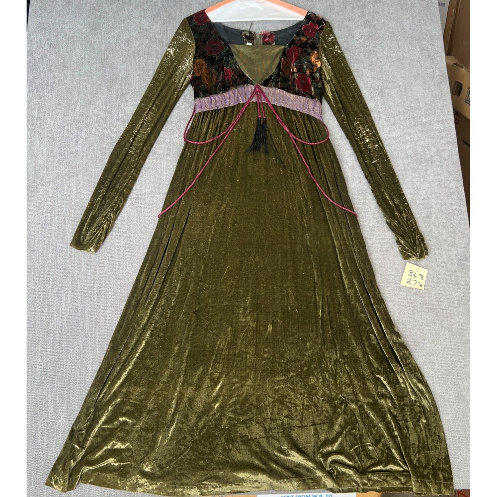 Vintage Womens Maxi Dress Green Crushed Velvet Renaissance Medieval Long Sleeve